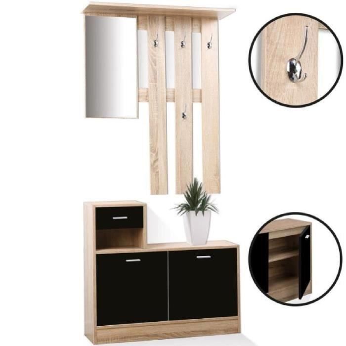 Meuble vestiaire d'entrée décor hêtre portes noires avec ...