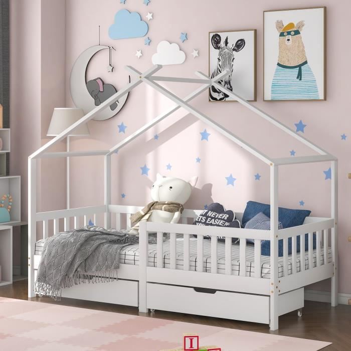 Lit Cabane Enfant à Tiroirs - MERAX - Bois Massif de Pin Blanc - Sommier Inclus - 90 x 200 cm Lit Cabane Enfant à Tiroirs - MERAX - Bois Massif de Pin Blanc - Sommier Inclus - 90 x 200 cm