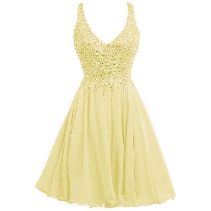 Jaune Pâle Robe Courte Demoiselle Dhonneur Bridesmaid Col V Avec Bretelle Sexy Dos Ajouré Croisé Haut Strass Brillant Grande Taille