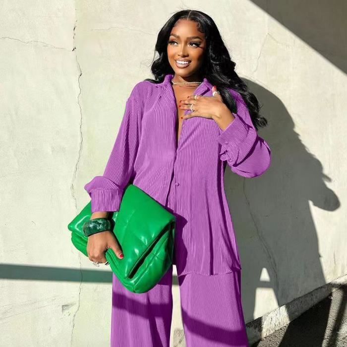 Ensemble de vetements CM.YAYA Ensemble 2 Pieces Plisse pour Femme Pantalon a Jambes Larges Chemise a Manches sulf LIGHT PURPLE Blanc Cdiscount Pret a Porter