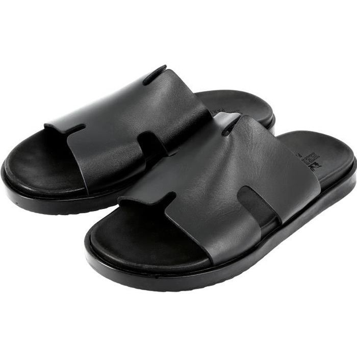 Cuir Claquette Hiver Homme Mule Homme En Véritable Cuir Noir 08