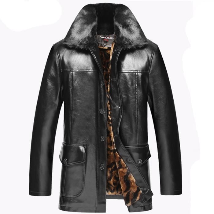Parka Homme en Simili Cuir de Marque PU Cuir d hiver Chaude parka Doublee Polaire Epais blouson homme Noir Noir Cdiscount Pret a Porter