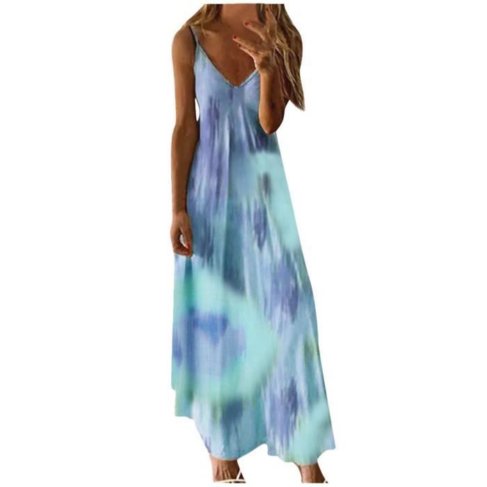 Minetom Femme Robe Longue Ete Boheme Chic Col V Sans Manche Grande Taille Tie Dye Imprimer Camisole Robe De Plage Vacances Bleu Clair Cdiscount Pret A Porter