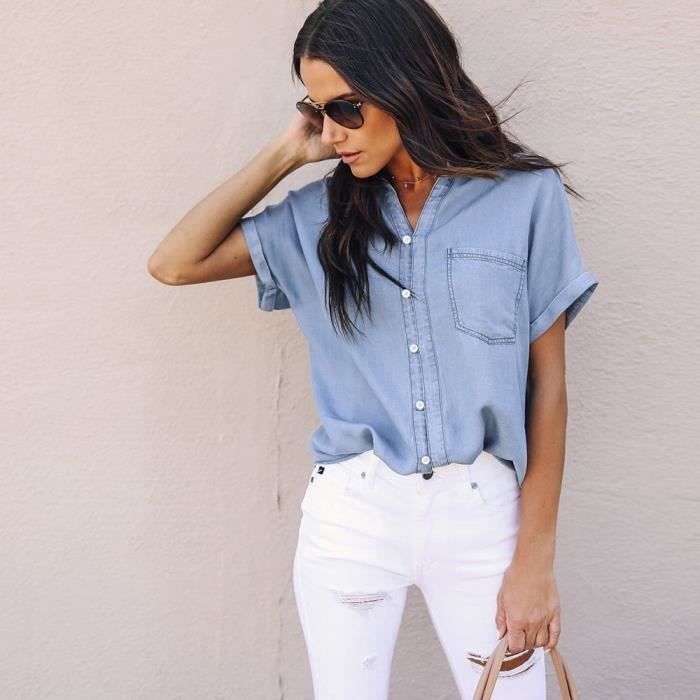 Chemise jean femme top manche courte