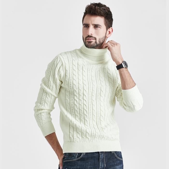 Pull Col Roulé Coupe pour Hommes Décontractés Hiver Doux Chaud Épais Chandails Couleur Unie Cavaliers Tricots Jacquard,Blanche