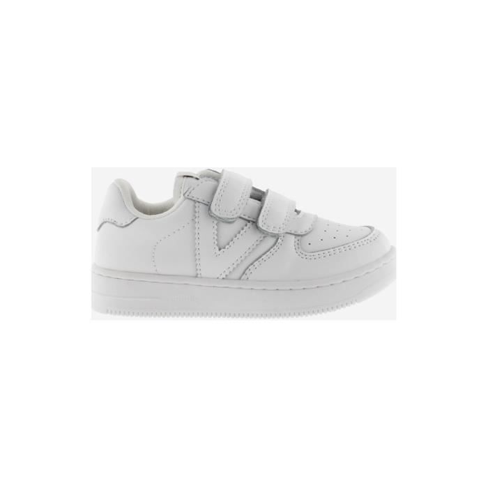 Victoria Sneaker basse enfant cuir blanc à scratch - semelle caoutchouc talon plat