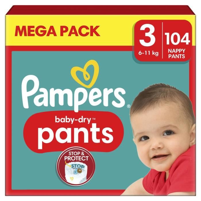 Pampers Couches-Culottes Baby-Dry Pants Taille 3 (6-11 kg), 104 Couches-Culottes Bébé, Giga Pack, Maintien 360° Contre les Fuites,