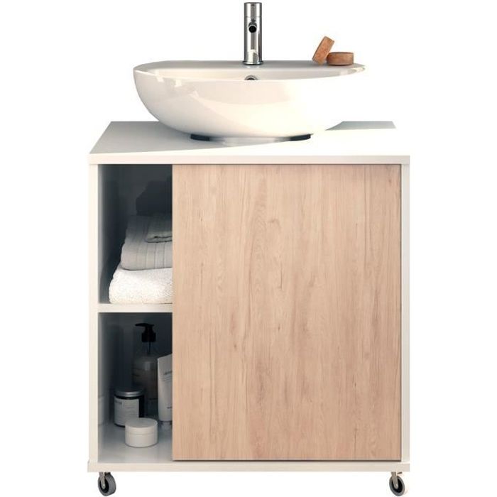 meuble sous lavabo 1 porte coloris blanc brillant - effet bois - hauteur 64 x longueur 59 x profondeur 45 cm