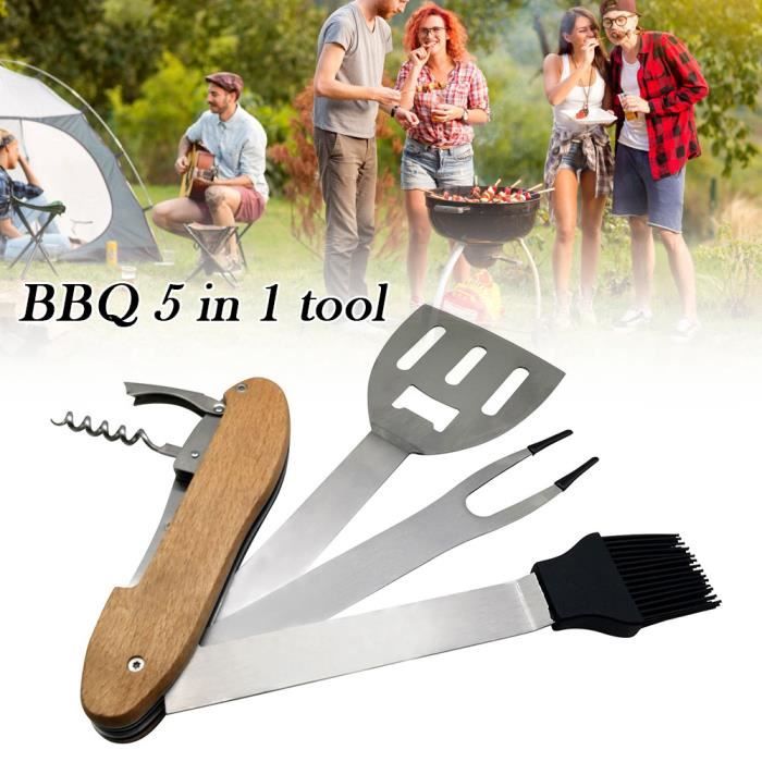 Outil de barbecue portable pliable 5 en 1, camping en plein air  multifonction portable, pinces à barbecue couteau pelle fourchette