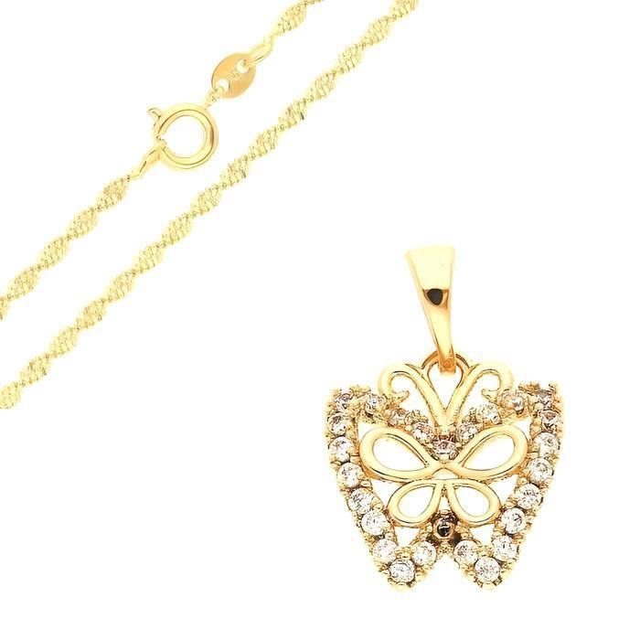 Collier Enfant Chat En Cristal Zircon, Plaqué Or Jaune 750/1000, Bijouterie Papillon Bleu