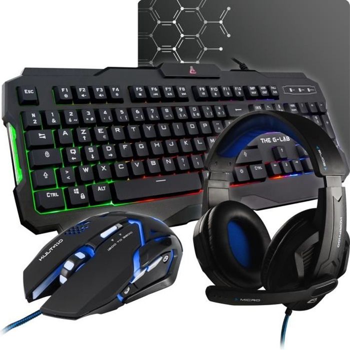 THE G-LAB COMBO ARGON Clavier FR Rétroéclairé Performance + Souris Revêtement Soft-Touch + Casque KORP 100 + Tapis Antidérapant