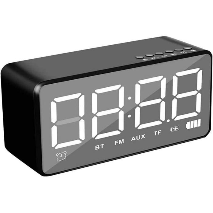 JTWEB Réveil Numérique Bluetooth 5.0 Haut-Parleur LED Miroir Radio FM Carte TF USB - Noir