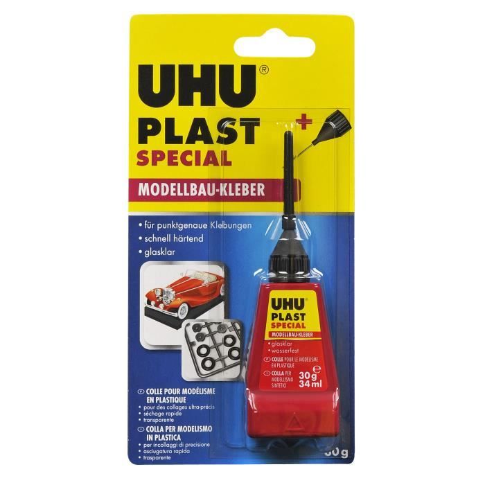 UHU Plast spécial - Colle pour le modélisme en plastique, transparente,  flacon aiguille, tube 34 ml : : Jeux et Jouets
