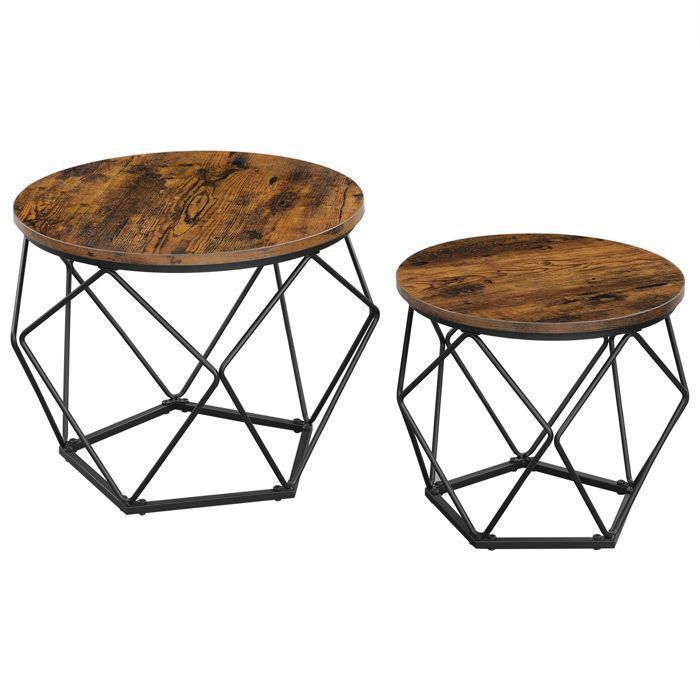 VASAGLE Table Basse Ronde Lot de 2 Table d’Appoint Style Industriel Plateau Amovible Cadre en Acier pour Salon Marron et Noir