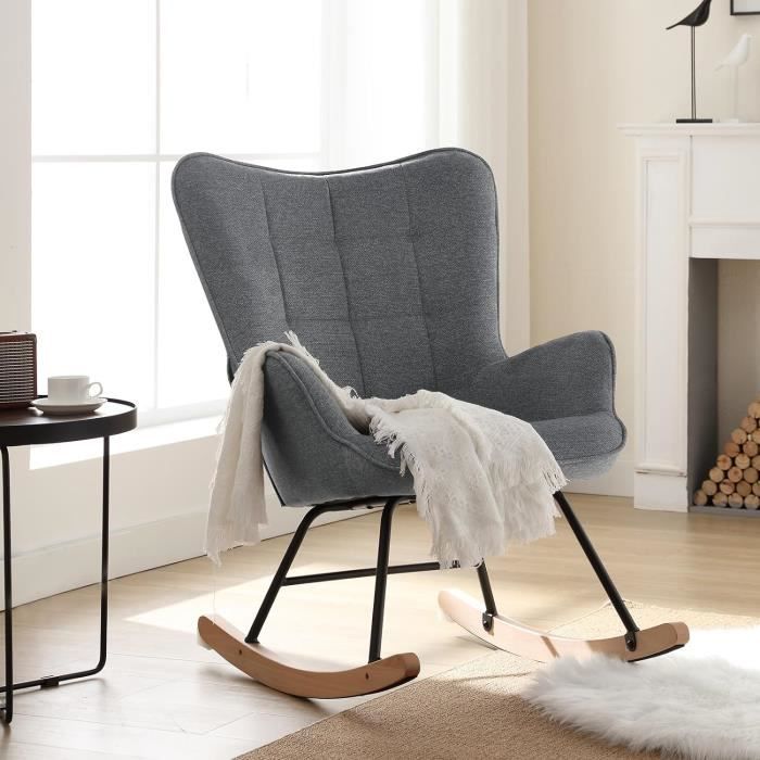 woltu fauteuil à bascule, fauteuil à oreilles rembourré, chaise relaxante, pieds en métal et en bois massif, gris foncé w0att0111