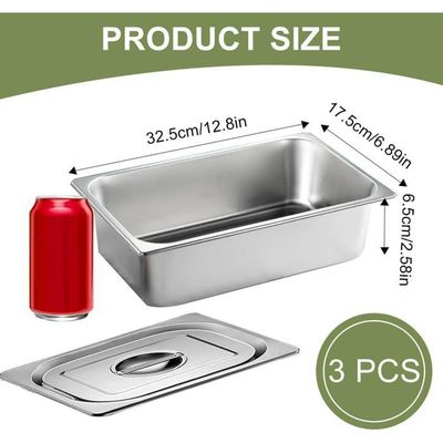 Lot De 3 Bacs Inox Gastronorme Avec Couvercle - Récipients Rectangulaires Pour Cuisine, Restauration