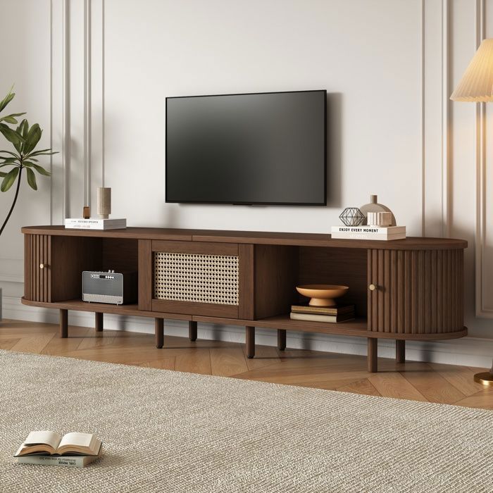 Meuble TV Élégant En.casa - Banc Télévision 160 Cm Avec 2 Portes Et Rangement, Blanc Effet Noyer