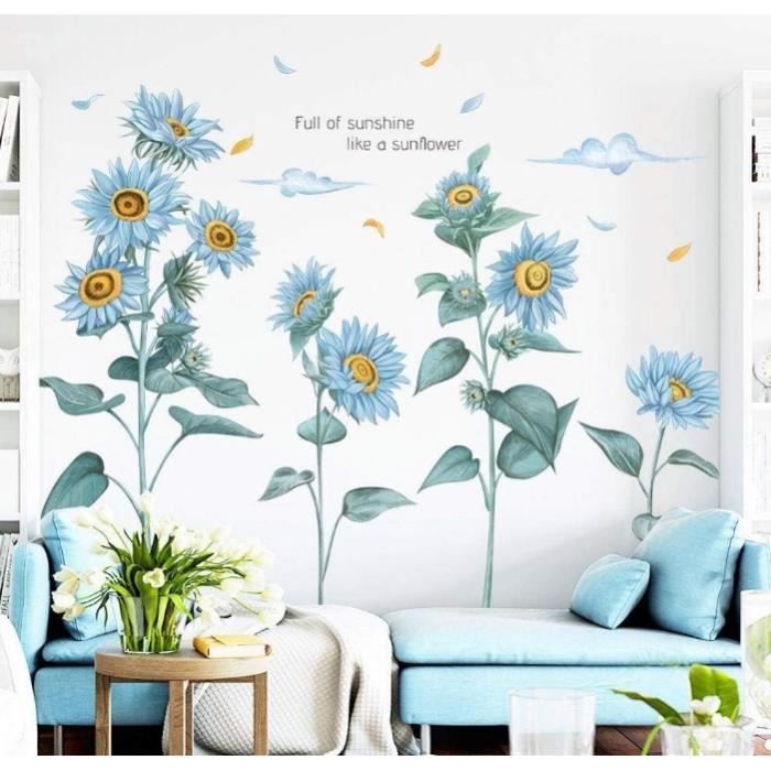 Stickers muraux FLEURS TOURNESOL bleu autocollant sticker mural plantes  feuilles printemps nature Décor pour chambre d'enfant - Cdiscount Maison
