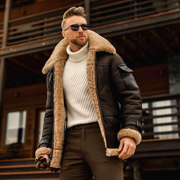 Manteau de fourrure d agneau a manches longues rembourre la mode pour hommes Veste decontractee 1 Marron Cdiscount Pret a Porter