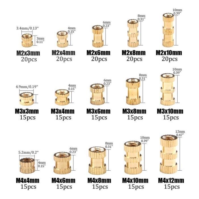 Insert Fileté, 300 Pièces Inserts D'écrou M2, M2,5, M3, M4, M5, M6 Insert  Fileté Filetage Femelle Écrous Moletés en Laiton Douilles Filetées Insert  Moleté Laiton pour Plastique Bois Impression 3D : 