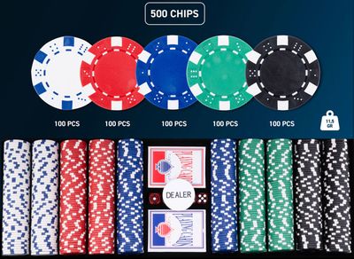FRENCH RIVIERA Poker 500 Jetons Gold + 2 Jeux de Cartes + Bouton Dealer - Set de Jetons (avec Valeur