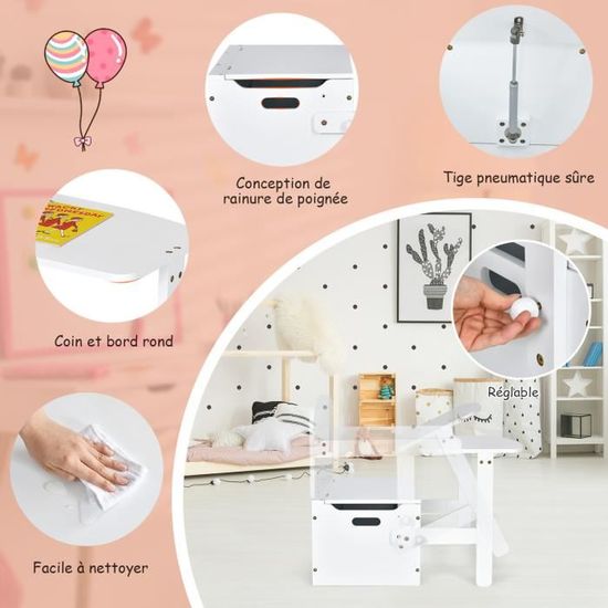 Coffre à Jouets Enfant 60x30x44cm DREAMADE - 2 Compartiments - Pieds Pin - Blanc - Rangement Chambre