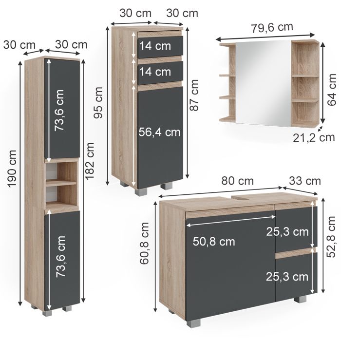 Meuble Sous-vasque Vicco J-shape Sonoma Anthracite - 80cm - Neuf