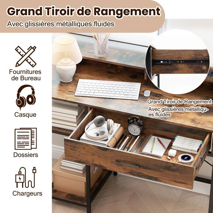 Costway bureau blanc pour ordinateur, bureau informatique avec plateau clavier coulissant et un grand tiroir, étagère réglable & amovible, table de bureau pour bureau, chambre, studio