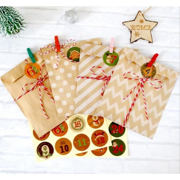 AMARI ® Calendrier de l'Avent à remplir - 24 sachets en papier pour l'Avent (avec pinces en bois) pour bricoler pour Noël - Sachets de Noël en papier avec autocollants numérotés
