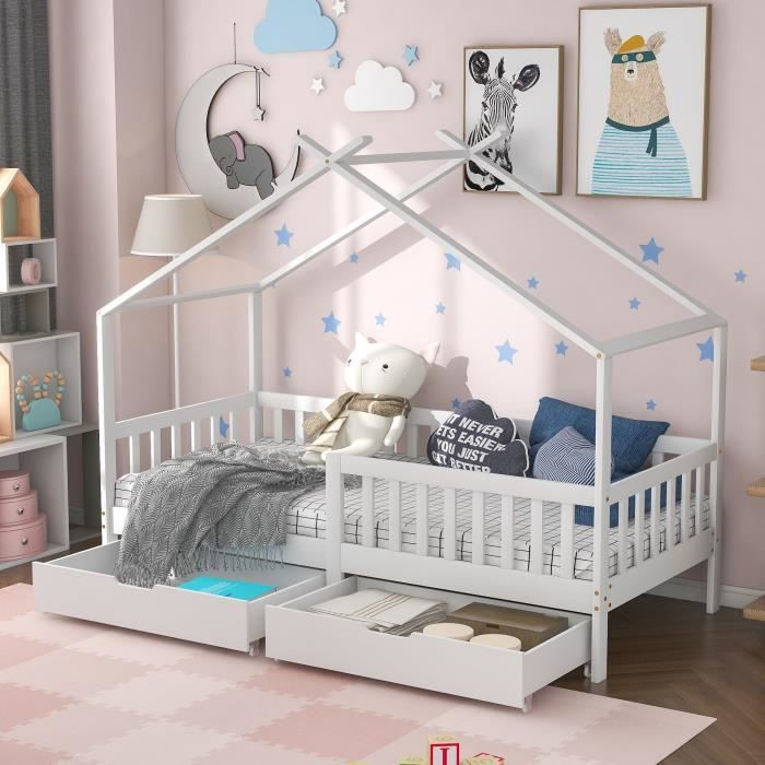 Lit Maison Enfant Avec Tiroirs - Structure En L 90x200cm + 140x70cm - Bois Massif Blanc - Pour 2 Enfants