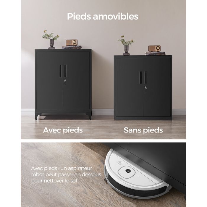 Armoire De Rangement Bureau Vladon Logan V1 - 5 Compartiments, 4 Portes - 82x185x37cm - Noir Mat/Gris