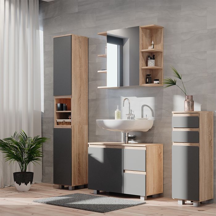 Meuble Sous-vasque Vicco J-shape 80 Cm - Sonoma Anthracite - 1 Porte 2 Tiroirs - Neuf