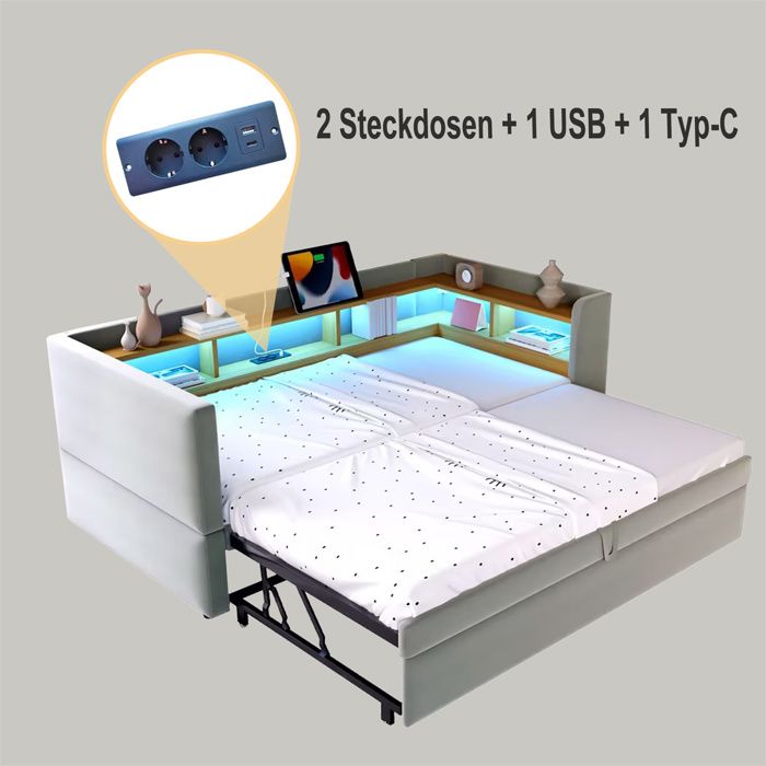 Canapé-lit Enfant Avec Lit Gigogne 90x190/200cm 2 Personnes, Avec Rangement, USB+TypeC, Sommier à Lattes, Sans Matelas, Lin, Beige