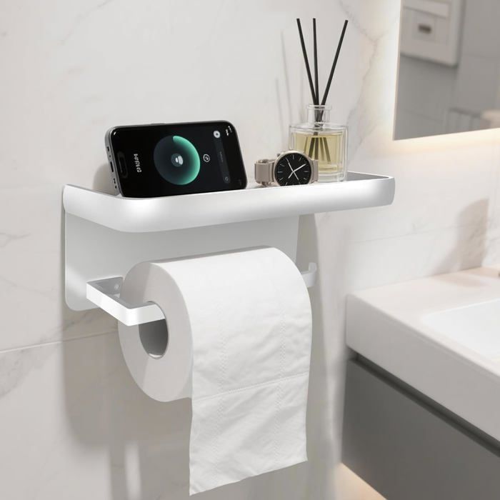 WLVG Porte-Papier Toilette, sans perçage Porte-Rouleau de Papier Toilette Accessoire de Salle de Bain Porte-Papier Toilette Support Mural Porte-Papier Toilette-Blanc