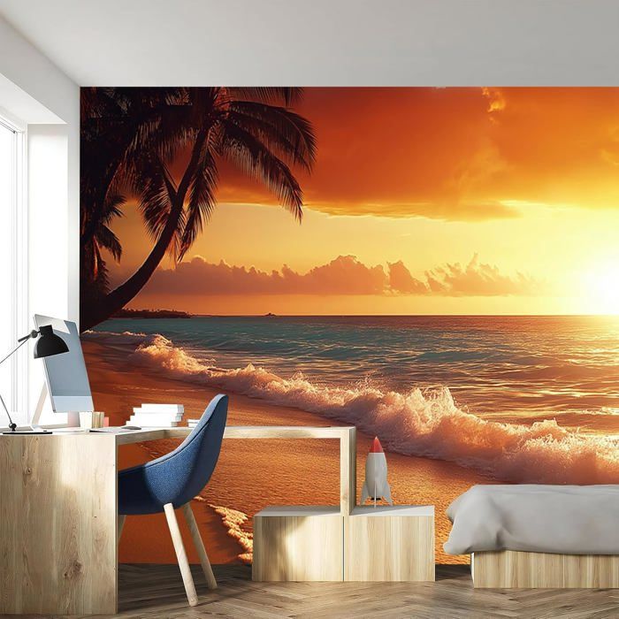 Papier Peint Plage tropicale Panoramique 3D coucher de soleil avec ...