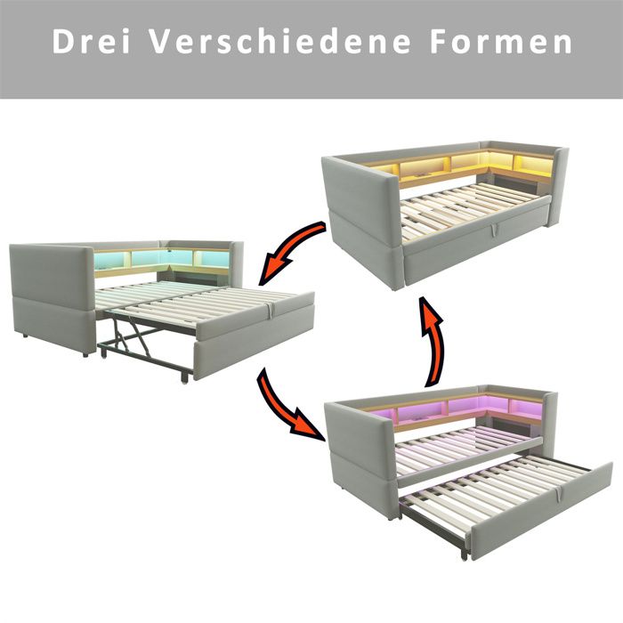 Lit gigogne 2 places 90/180 x 190cm Lit de repos Lit rembourré en velours avec ports USB et sac de rangement - gris - Maison
