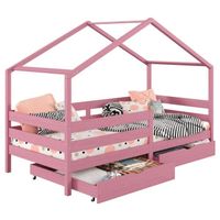 Lit cabane enfant simple montessori 90x190 cm avec 2 tiroirs de rangement en pin massif lasuré rose - IDIMEX