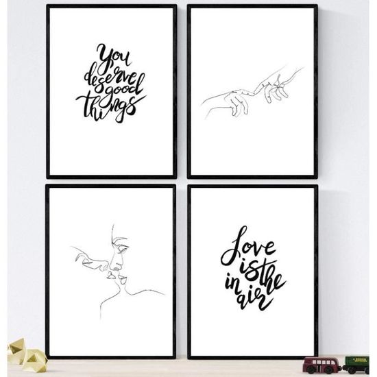Affiche Toile 2 Pièces 'Bonjour Mon Amour' Chat Café - Style Rétro, 50x70 Cm, Décoration Murale Abstraite | Pour Salon, Chambre, Bureau