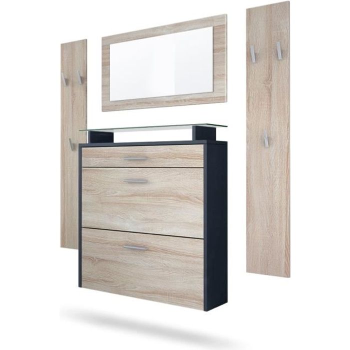 Vladon Ensemble penderie Malea avec 2 panneaux miroir meuble à chaussures caisson en Anthracite mat façades en Chêne brut Vladon Ensemble penderie Malea avec 2 panneaux miroir meuble à chaussures caisson en Anthracite mat façades en Chêne brut