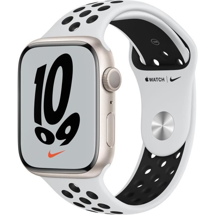 Apple Watch Nike Series 7 GPS - 45mm - Boîtier Starlight Aluminium - Bracelet Pure Platinum/Black Nike Sport Band - Regular