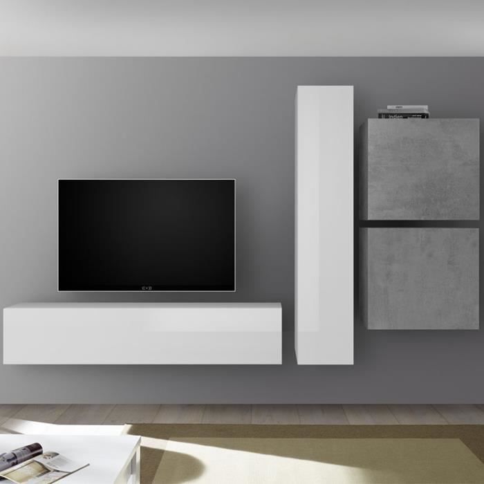 Grand meuble TV blanc laqué et gris béton PUNTA Gris L 260 x P 30 x H 180