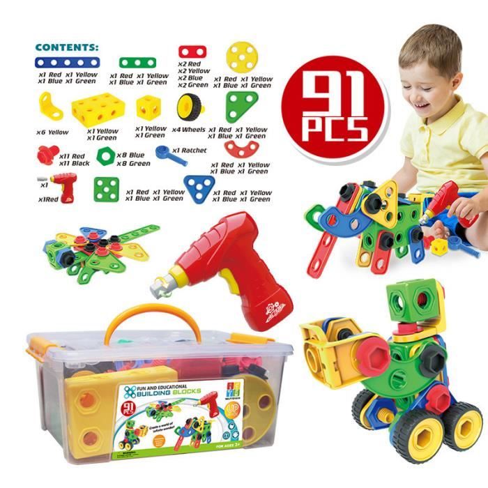 TSTR® Mosaique Puzzle Enfant 3D Jouet à Visser Construction avec Perceuse Électrique 91 pcs Jeux Cadeau pour Enfants 3 Ans+