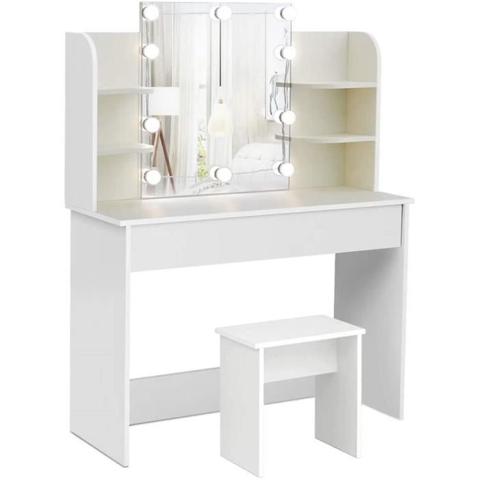 Coiffeuse - avec Miroir et Tabouret, LED Lumière, Moderne, Grand Tiroir, 6 Étagères, 108x40x142cm Blanc-Mondeer
