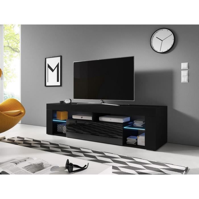 Meuble TV design MONTBLANC 160 cm, 1 porte et 2 niches, coloris noir brillant + LED. L 160 X P 35 X H 55 cm Noir