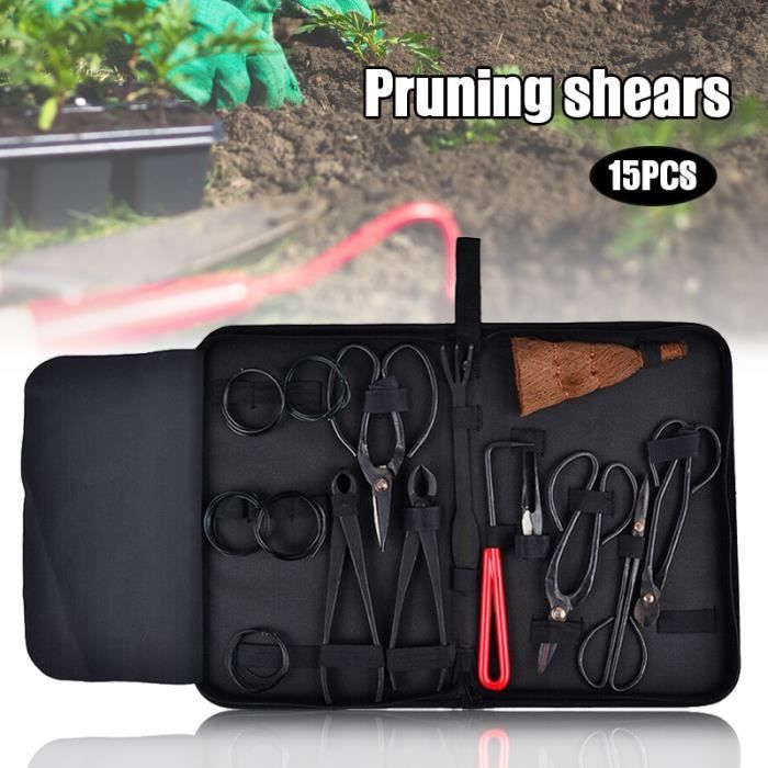 Ensemble d'outils de bonsaï de jardin 15 pièces en acier au carbone Kit ciseaux de coupe avec étui en Nylon manille extérieure