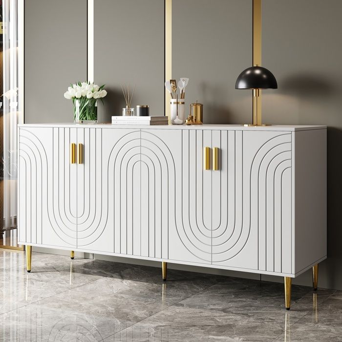 Buffet de Cuisine avec 4 PortesPoignées Pieds DorésMeuble dEntréeArmoire de Rangement Structure Stable152x40x75cmBlanc