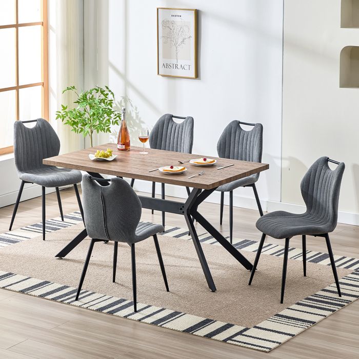 Ensemble salle à manger - WAFTING - 140x80x73 cm - Table MDF + 6 chaises - Chaises tissu gris - Pieds métal