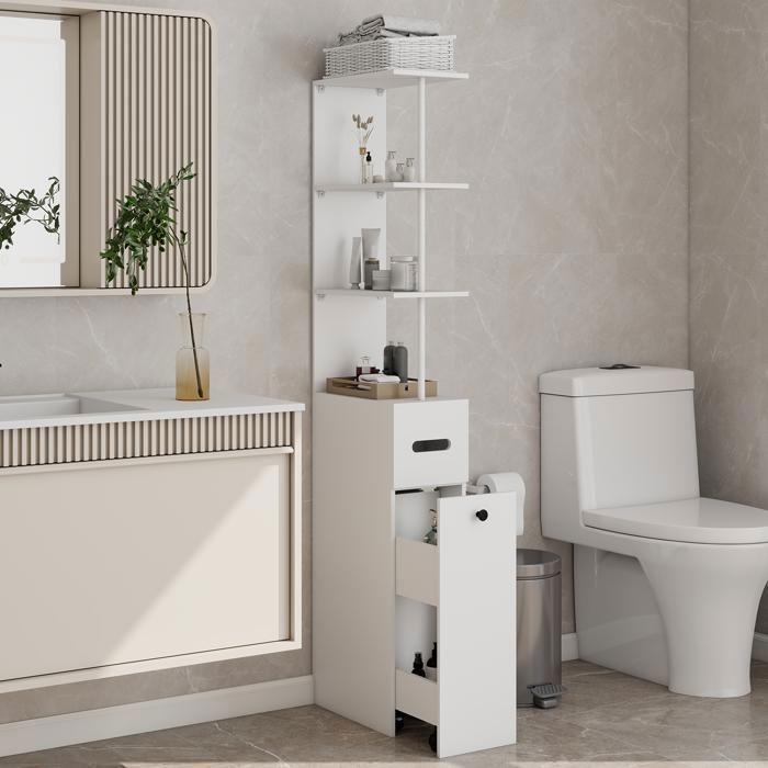 Meuble Colonne Salle de Bain avec Tiroirs Amovible et Étagère Armoire Salle de Bain Meuble de Rangement Blanc