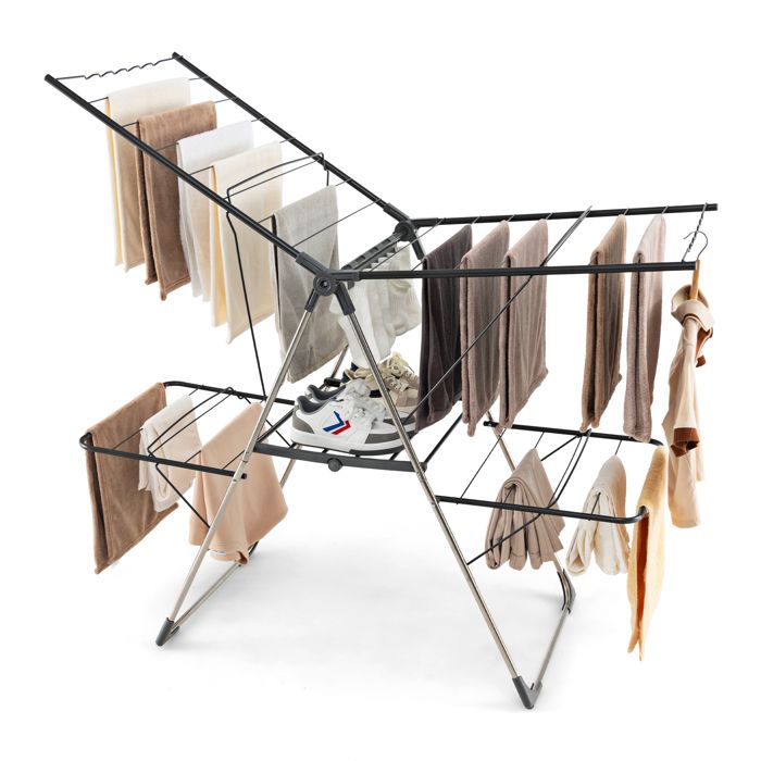 Séchoir à Linge Pliable à 2 Niveaux COSTWAY-33 Rail de Séchage-Aile Réglable en Hauteur-Pince à Chaussette-Pied en Acier Inoxydable