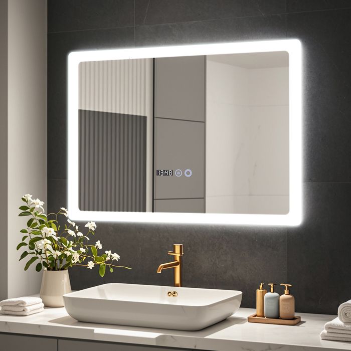 Miroir de Salle de Bain LED 70x50cm - Anti-Buée + 3 Couleurs + Éclairage Réglable + Touche Tactile Miroir Lumineux